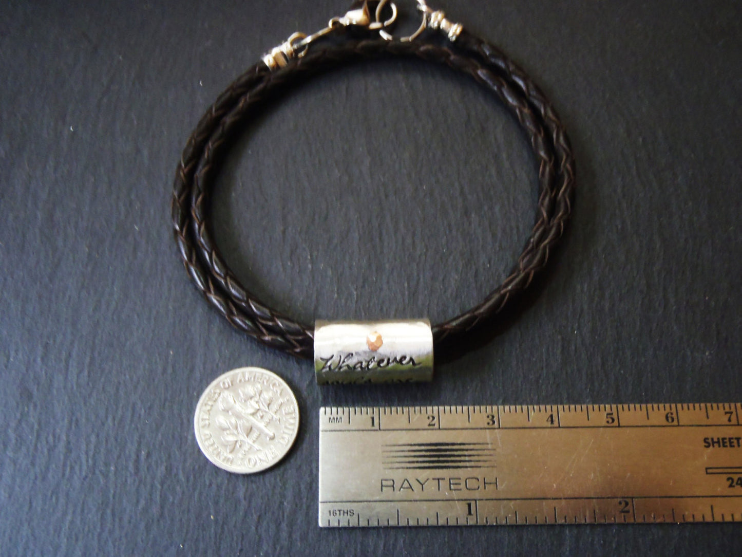 Hand crafted personalized leather bracelet customized with your own inspirational quote - Drake Designs Jewelry