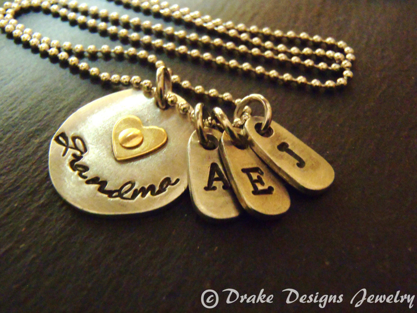 Personalized Mixed metal grandma necklace with golden brass heart and grandchildren's initials - Drake Designs Jewelry