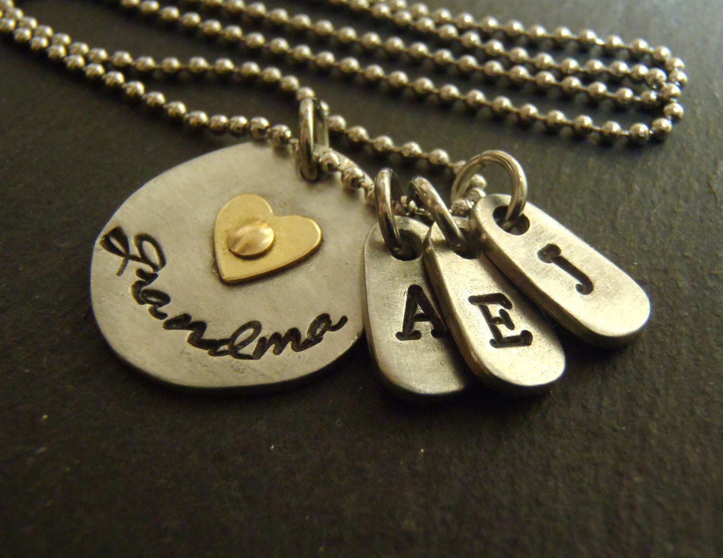 Personalized Mixed metal grandma necklace with golden brass heart and grandchildren's initials - Drake Designs Jewelry