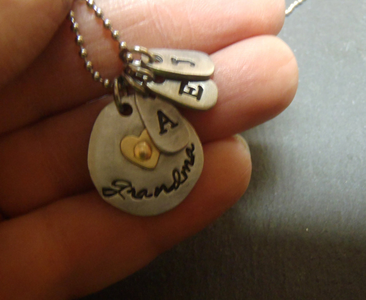Personalized Mixed metal grandma necklace with golden brass heart and grandchildren's initials - Drake Designs Jewelry
