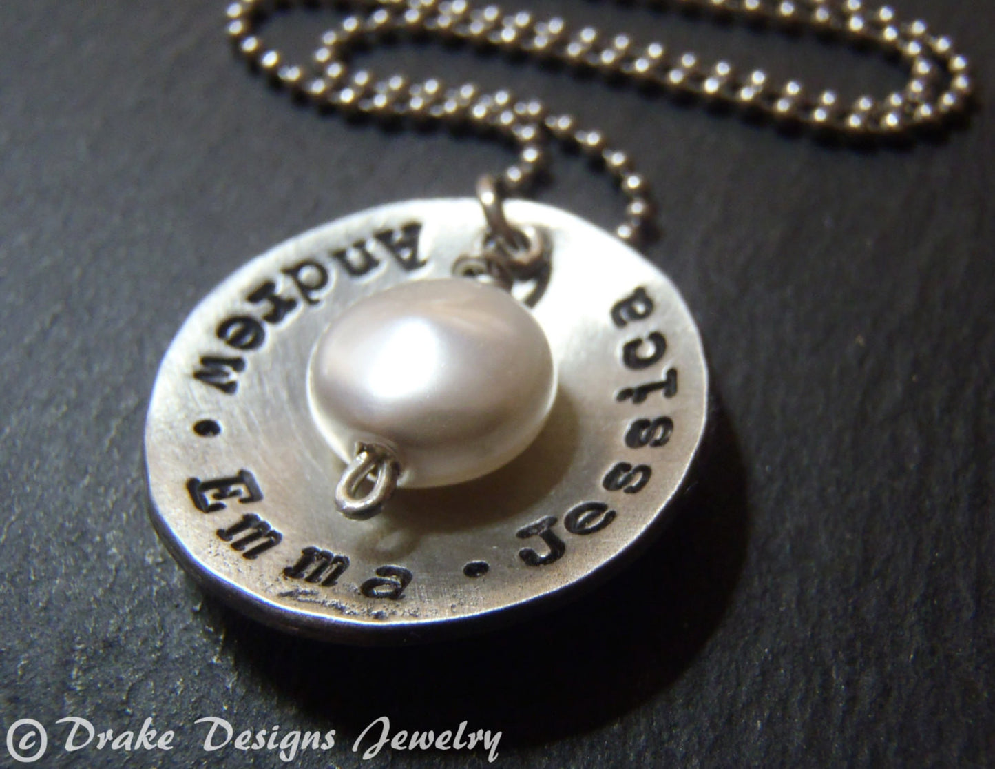 Rustic personalized mom necklace with kids names and pearl - hand stamped jewelry - Drake Designs Jewelry