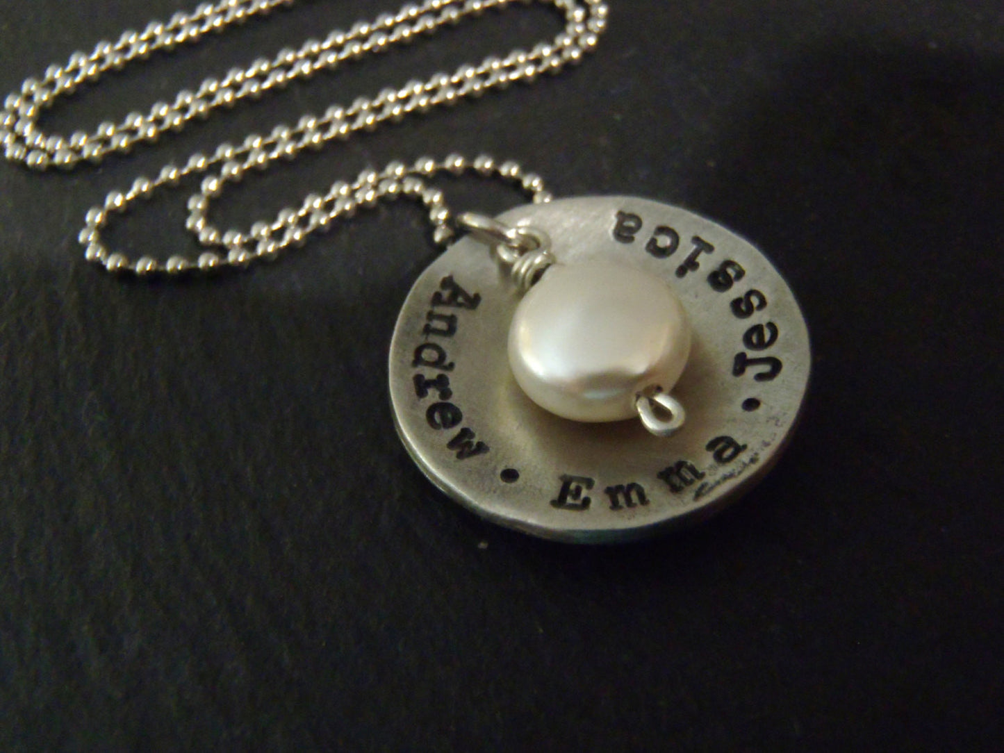 Rustic personalized mom necklace with kids names and pearl - hand stamped jewelry - Drake Designs Jewelry