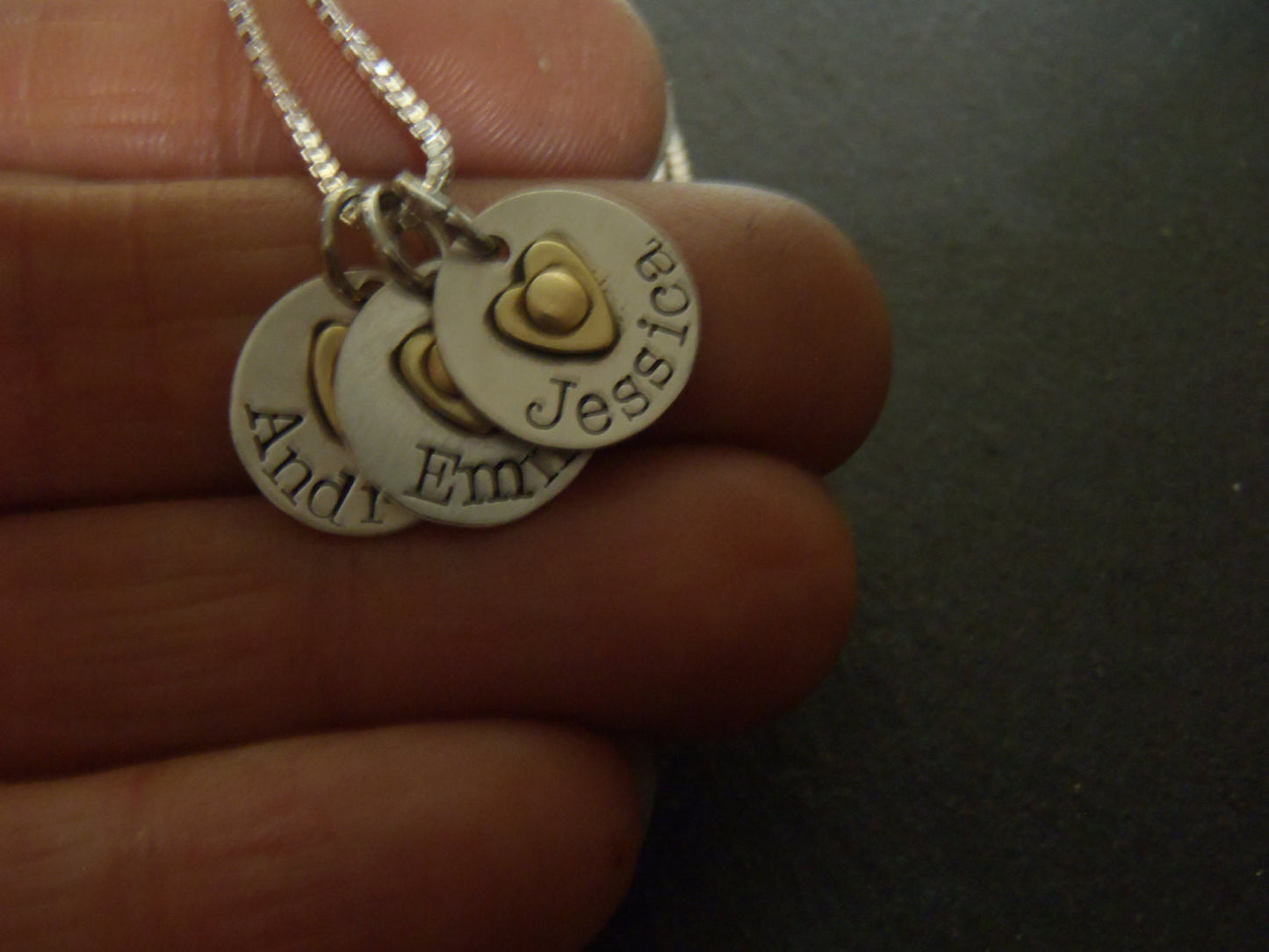 Sterling silver mom necklace with kids' names and heart on tiny personalized charms - Drake Designs Jewelry