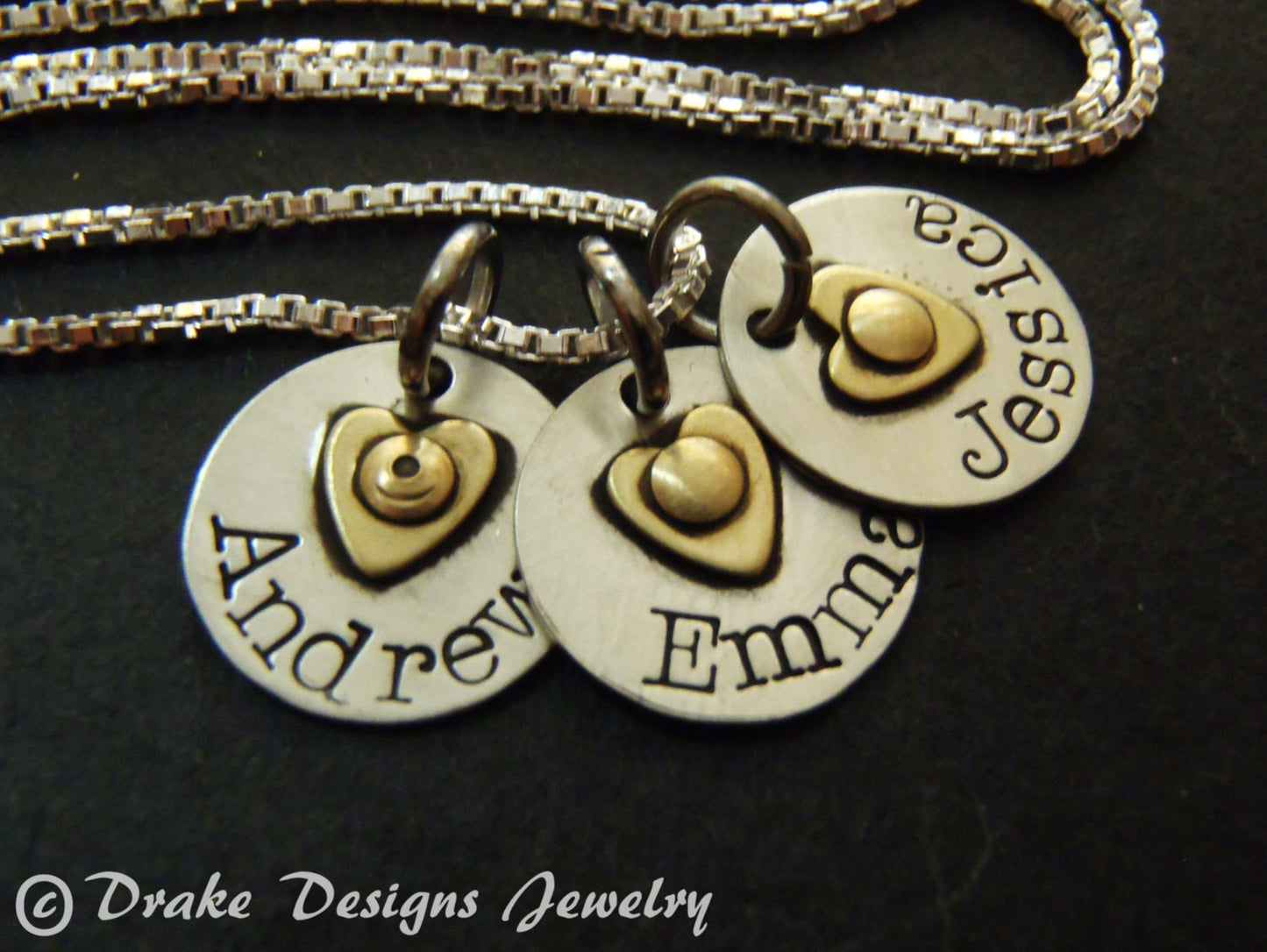 Sterling silver mom necklace with kids' names and heart on tiny personalized charms - Drake Designs Jewelry