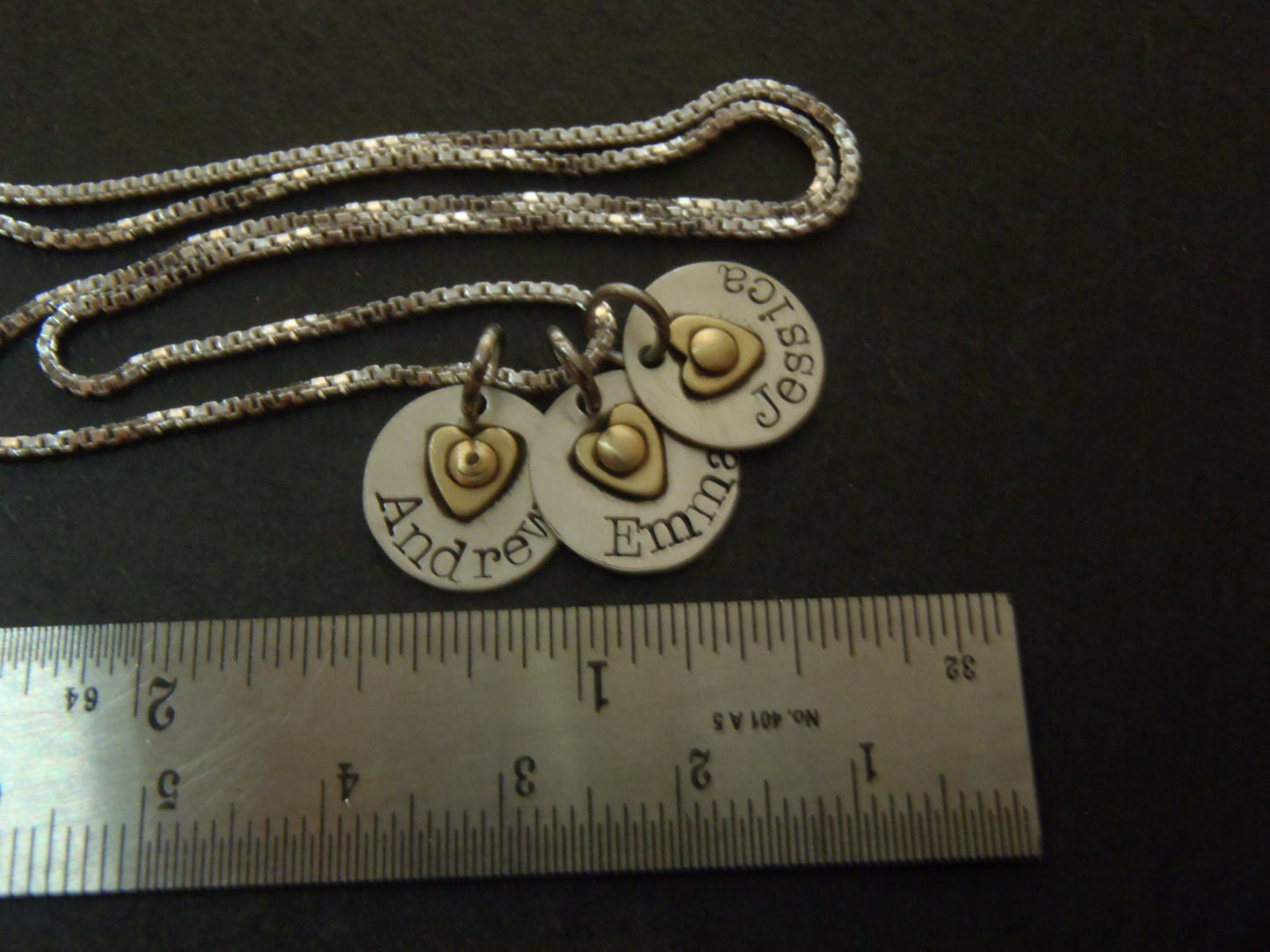 Sterling silver mom necklace with kids' names and heart on tiny personalized charms - Drake Designs Jewelry