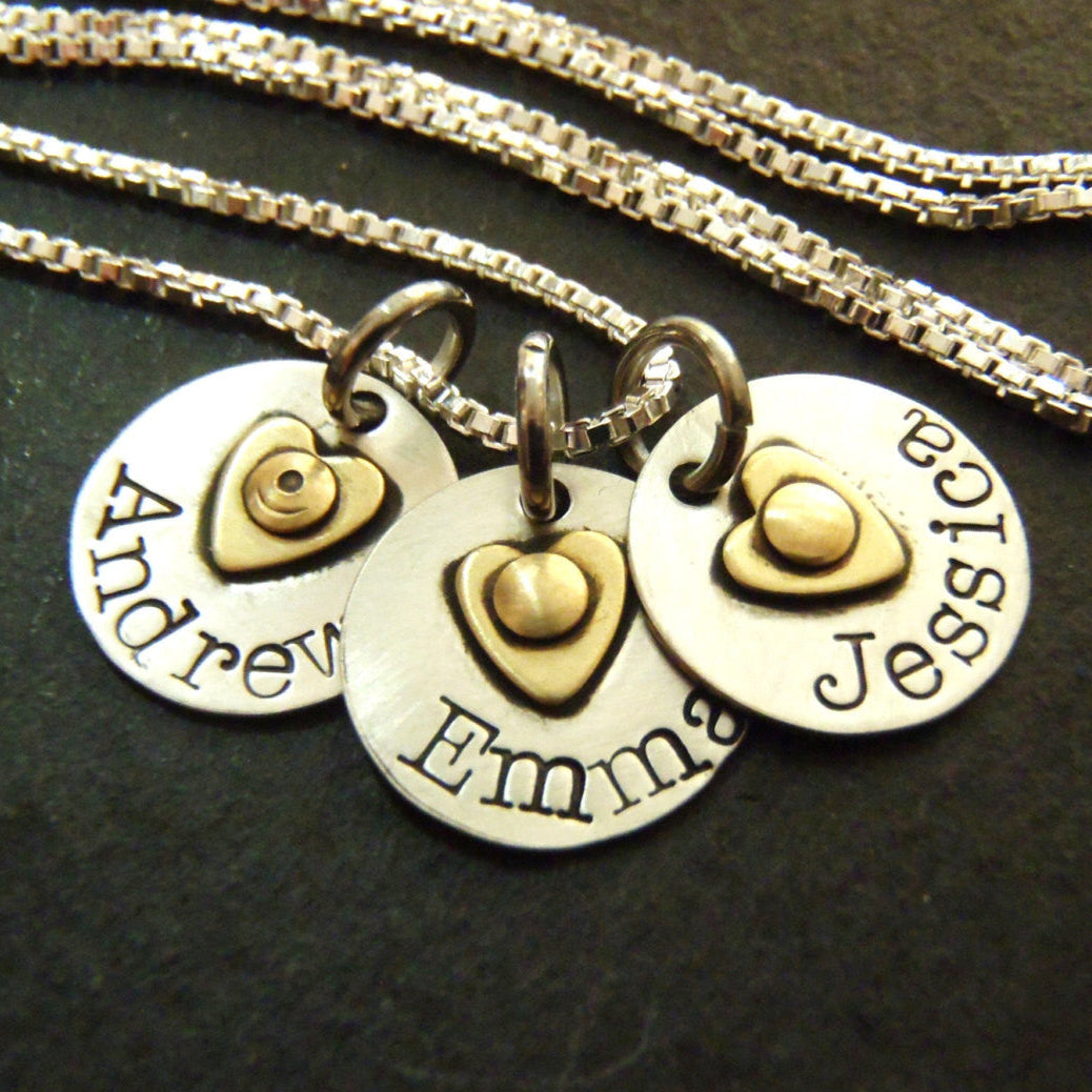 Sterling silver mom necklace with kids' names and heart on tiny personalized charms - Drake Designs Jewelry