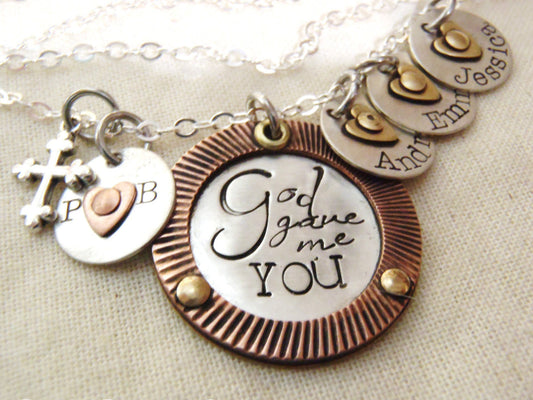 Christian Family necklace God gave me you hand stamped personalized necklace with cross couples initials and kids names in sterling silver with gold and copper accents- Drake Designs Jewelry