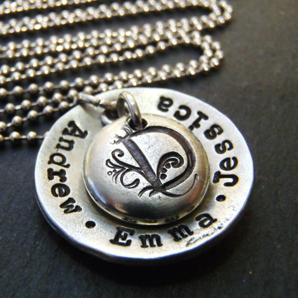 personalized family necklace for mom with hand stamped children's names and monogram initial - Drake Designs Jewelry