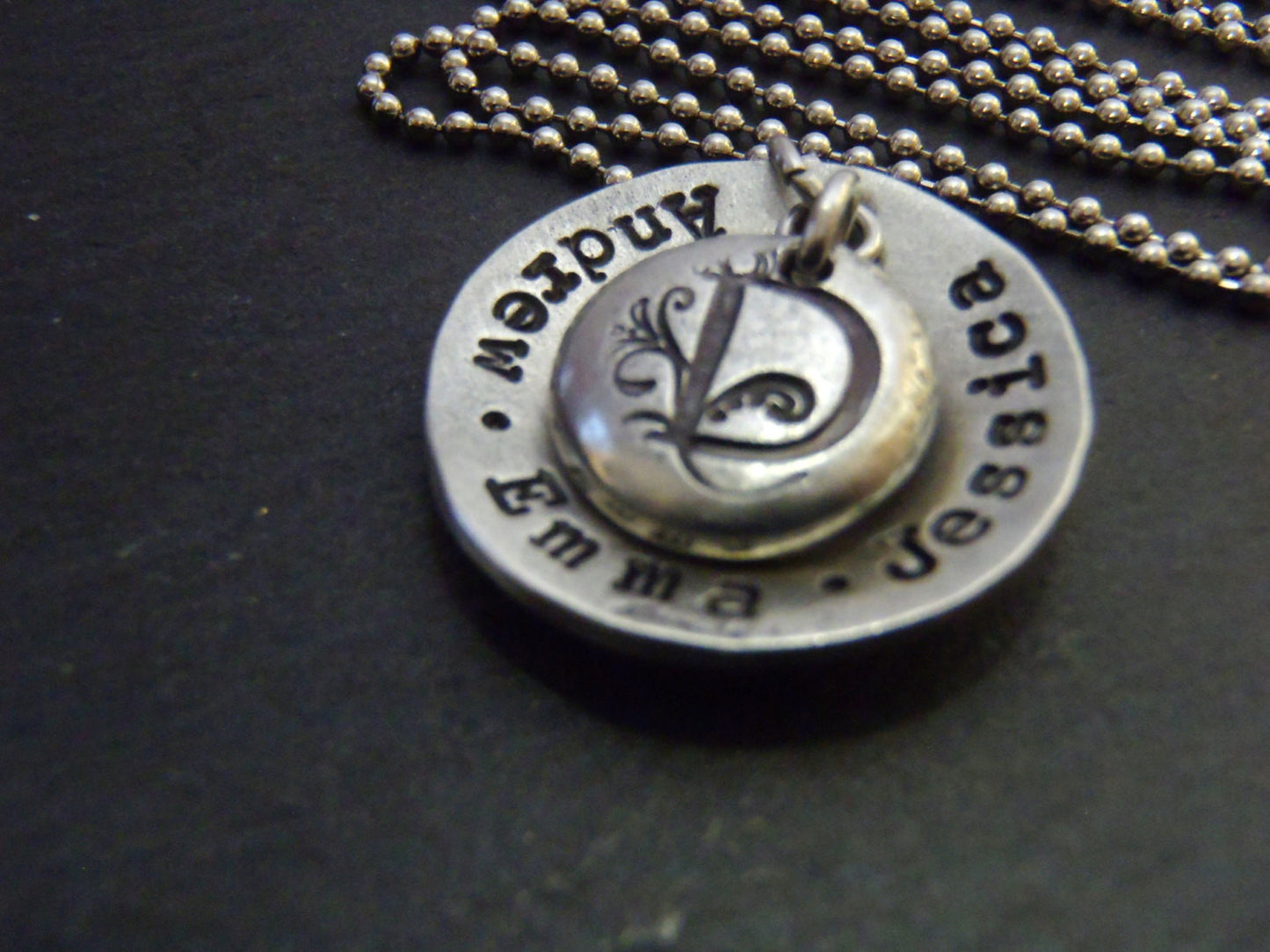 personalized family necklace for mom with hand stamped children's names and monogram initial - Drake Designs Jewelry