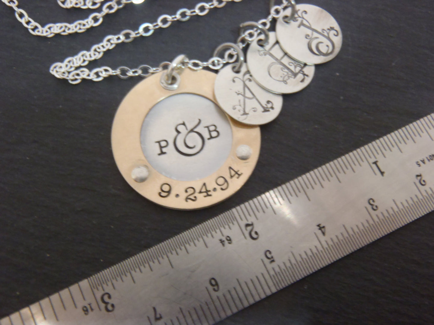 Mother's silver and gold necklace with children's initials - mixed metal sterling silver and 14k gold fill - Drake Designs Jewelry