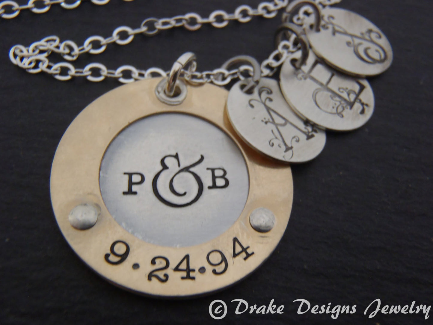 Mother's silver and gold necklace with children's initials - mixed metal sterling silver and 14k gold fill - Drake Designs Jewelry