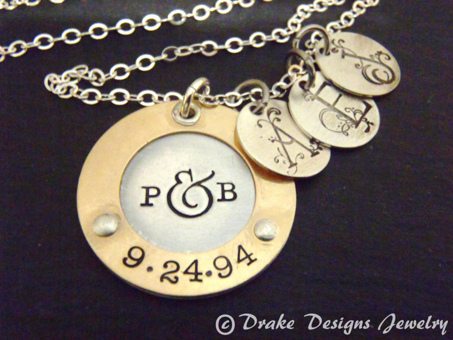 Mother's silver and gold necklace with children's initials - mixed metal sterling silver and 14k gold fill - Drake Designs Jewelry