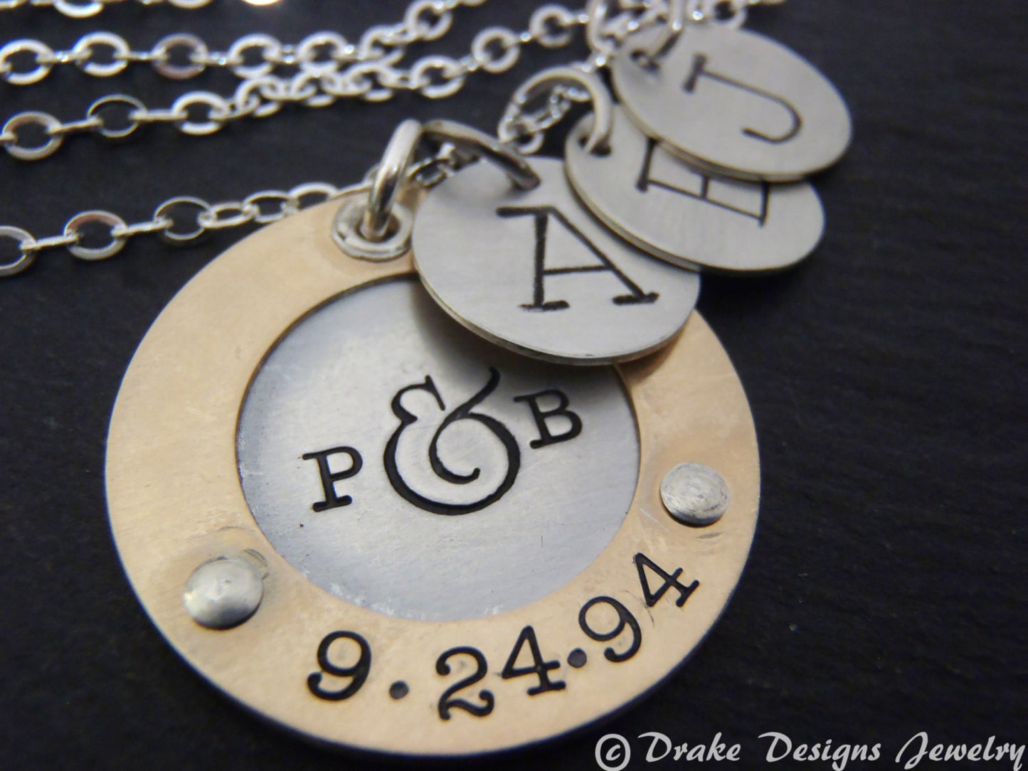 Personalized mixed metal mom necklace with initials and anniversary date hand stamped - gold and silver - Drake Designs Jewelry