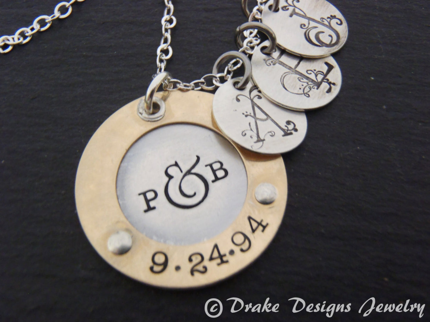 Mother's silver and gold necklace with children's initials - mixed metal sterling silver and 14k gold fill - Drake Designs Jewelry