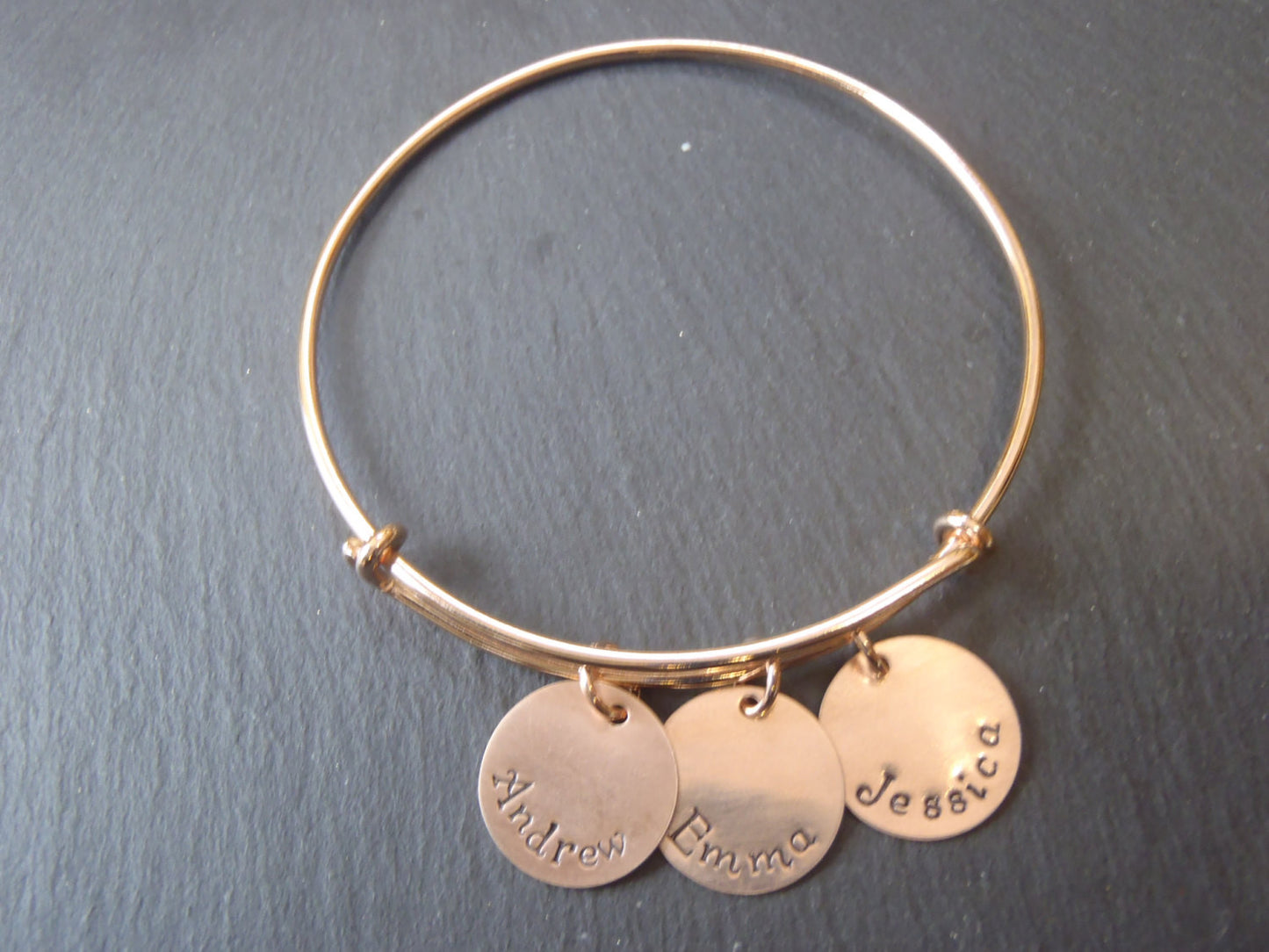 rose gold bangle mom bracelet with kid's names - Drake Designs Jewelry