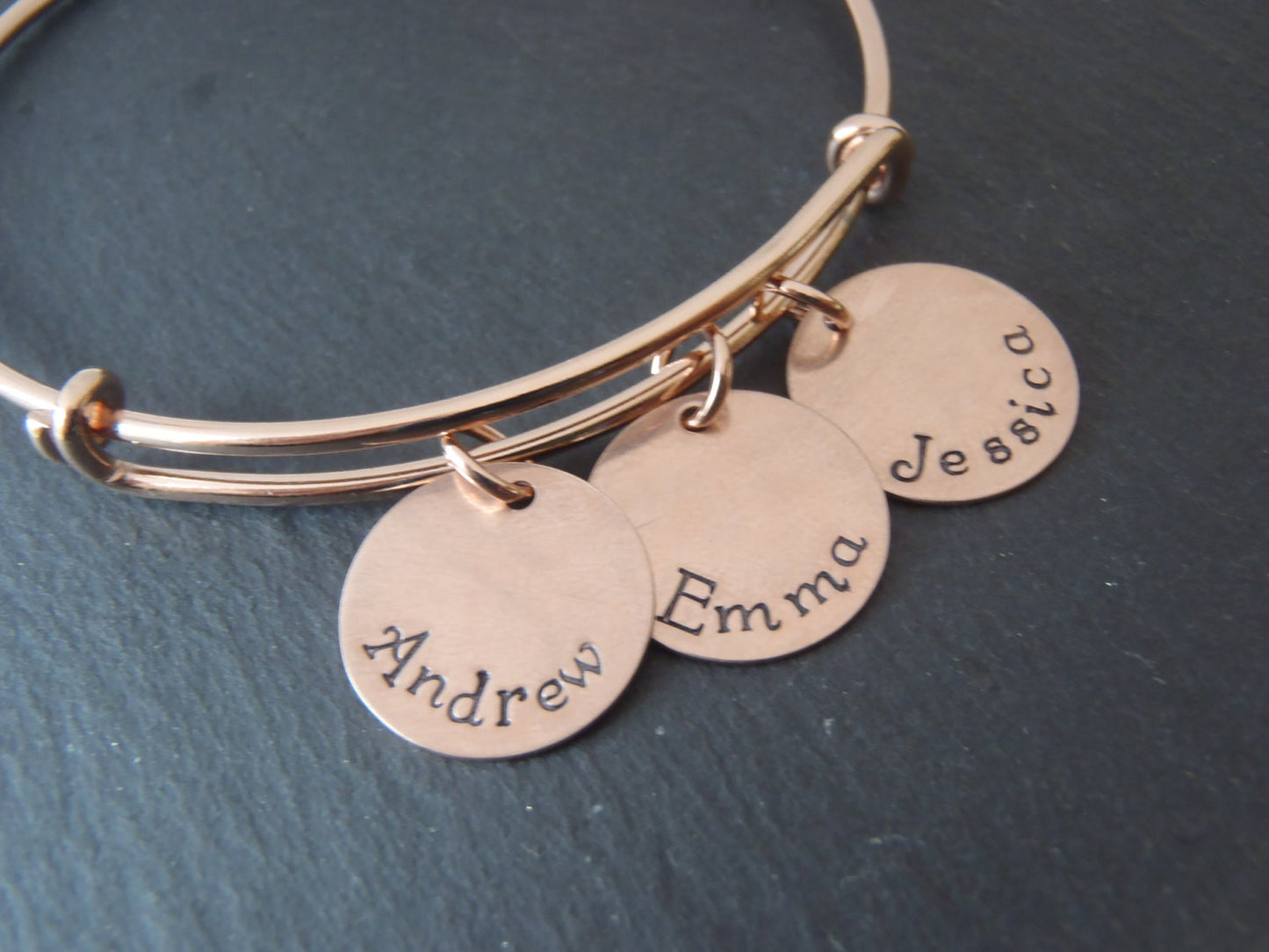 rose gold bangle mom bracelet with kid's names - Drake Designs Jewelry