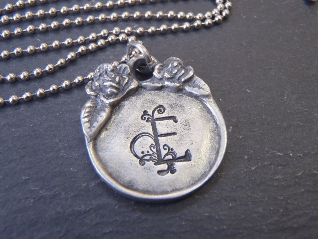 Vintage Style Initial Necklace Personalized with Raised Rim Edge and Sculptural Floral Rose - Flourished Initial - Drake Designs Jewelry