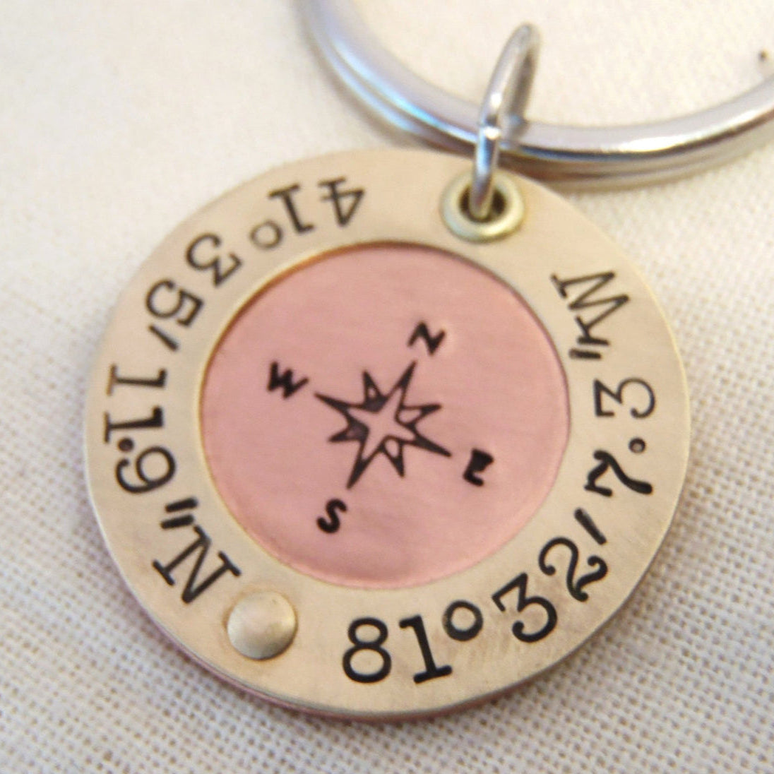 travel gift Mens personalized custom coordinates Latitude longitude compass keychain  - hannd crafted from copper and brass- Drake Designs Jewelry