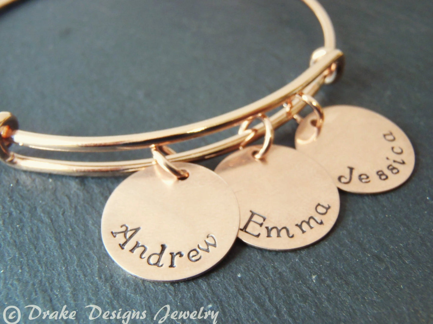 rose gold bangle mom bracelet with kid's names - Drake Designs Jewelry