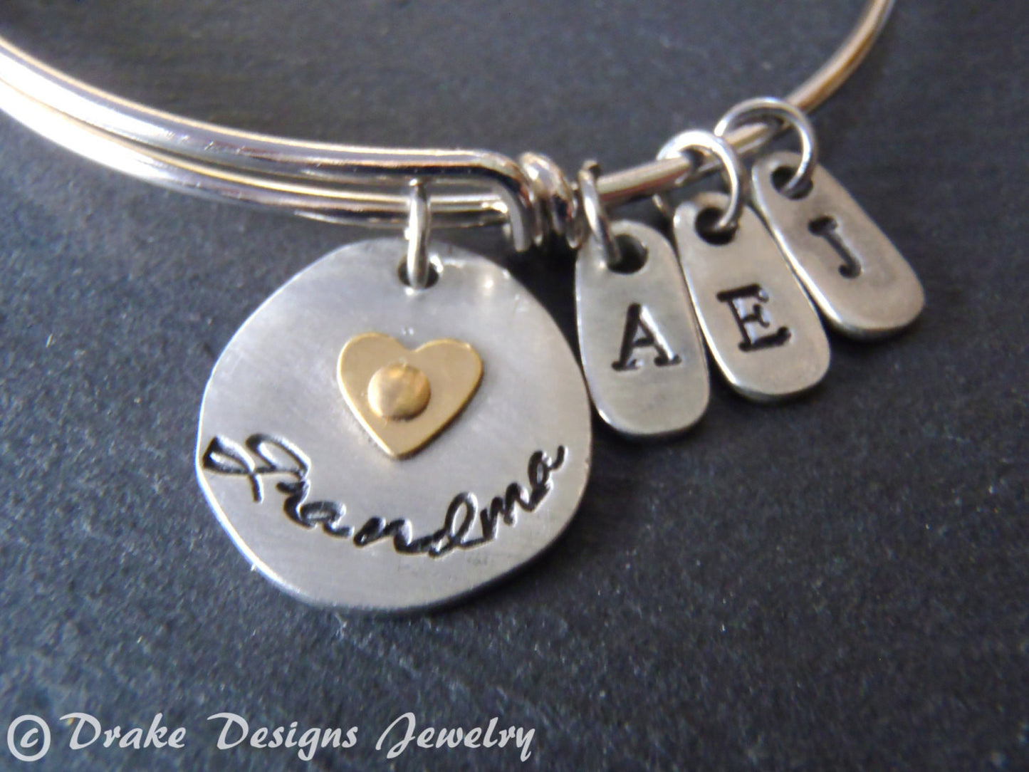 Personalized grandma bracelet - mixed metal bangle with grandkids initials - Drake Designs Jewelry