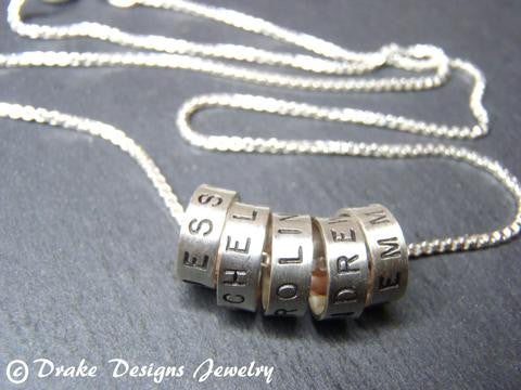 Sterling silver mom necklace with kid names personalized charms - Drake Designs Jewelry