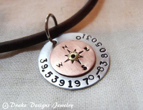 Personalized compass leather necklace with Latitude longitude custom coordinates - Drake Designs Jewelry