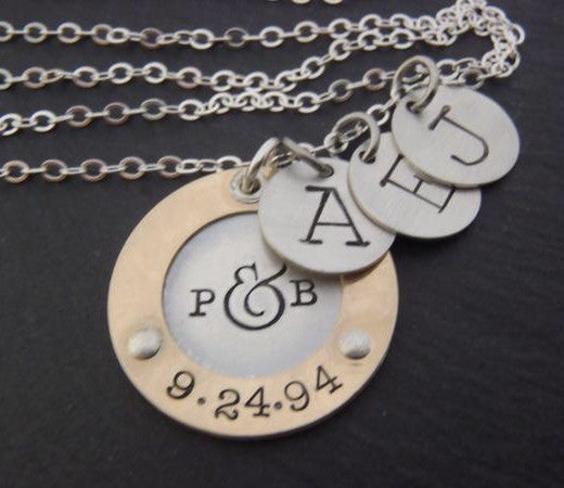 Personalized mixed metal mom necklace with initials and anniversary date hand stamped - gold and silver - Drake Designs Jewelry