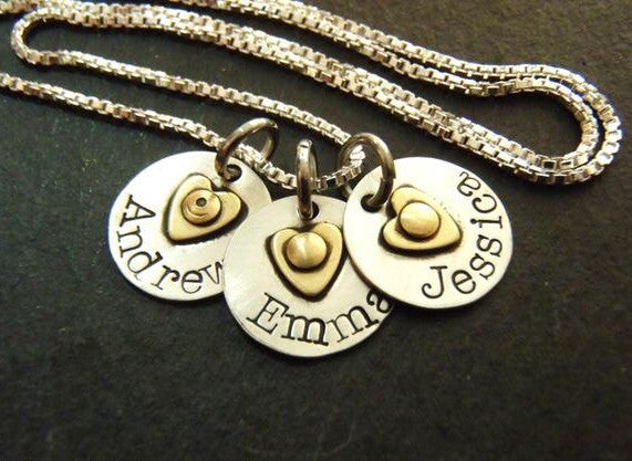 Sterling silver mom necklace with kids' names and heart on tiny personalized charms - Drake Designs Jewelry