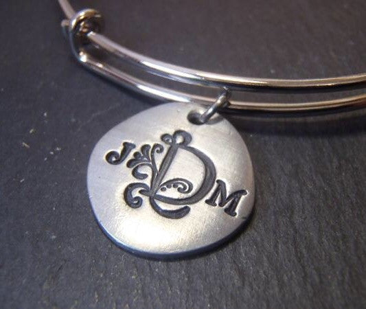 Monogram adjustable bangle bracelet personalized with initials on organically shaped charms - Drake Designs Jewelry