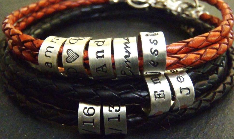Personalized braided leather name charm bracelet