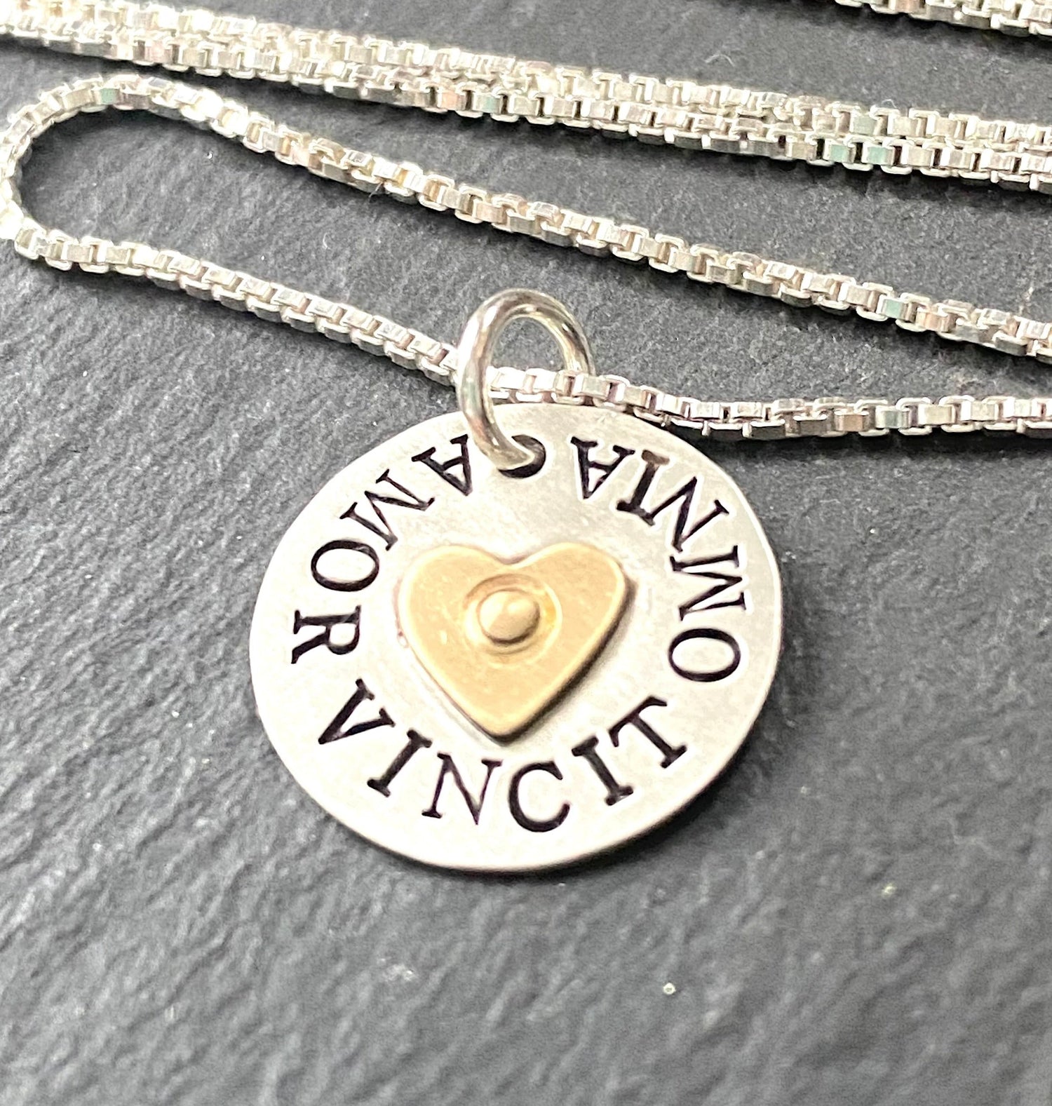 Latin Phrase necklace sterling silver with gold heart Amor vincit omnia love conquers all  necklace - drake designs jewelry