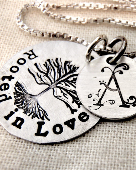 Sterling Silver Rooted in Love Family Tree Necklace with Personalized Initials. Mother's Necklace