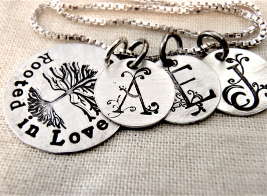 Sterling Silver Rooted in Love Family Tree Necklace with Personalized Initials. Mother's Necklace