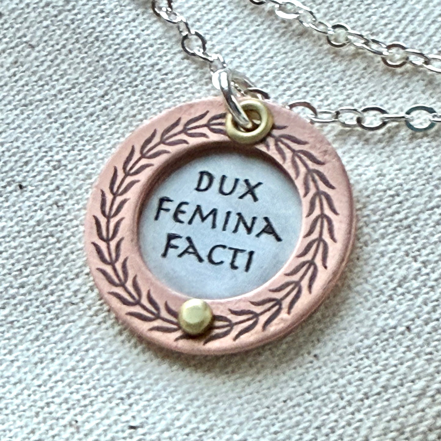 Dux Femina Facti necklace - sterling silver and copper with laurel wreath border - empowering women - inspirational motto Latin Phrase jewelry - Drake Designs Jewelry