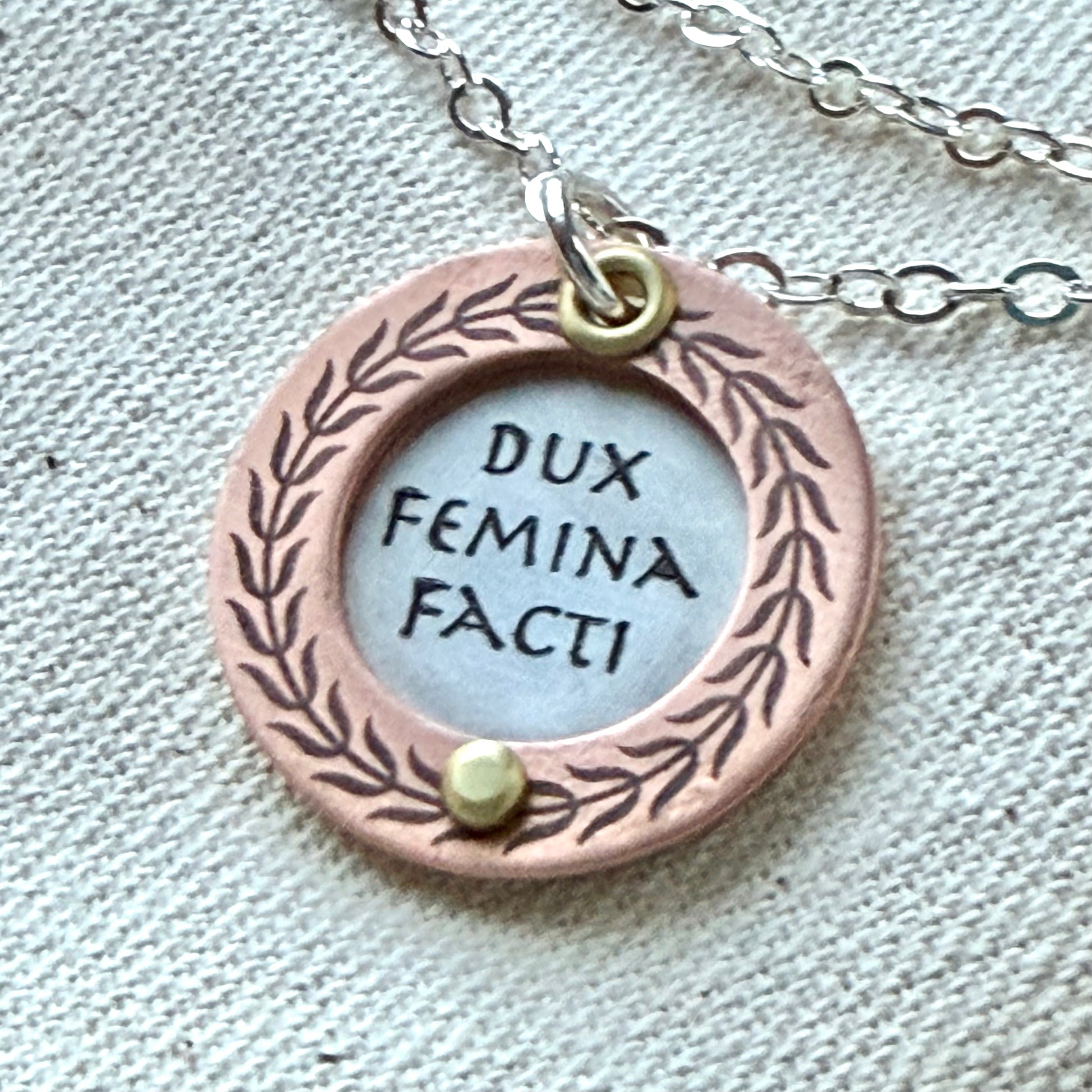 Dux Femina Facti necklace - sterling silver and copper with laurel wreath border - empowering women - inspirational motto Latin Phrase jewelry - Drake Designs Jewelry