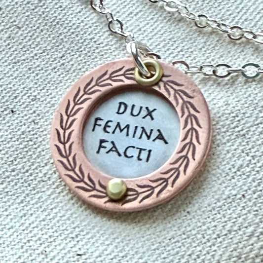 Dux Femina Facti necklace - sterling silver and copper with laurel wreath border - empowering women - inspirational motto Latin Phrase jewelry - Drake Designs Jewelry