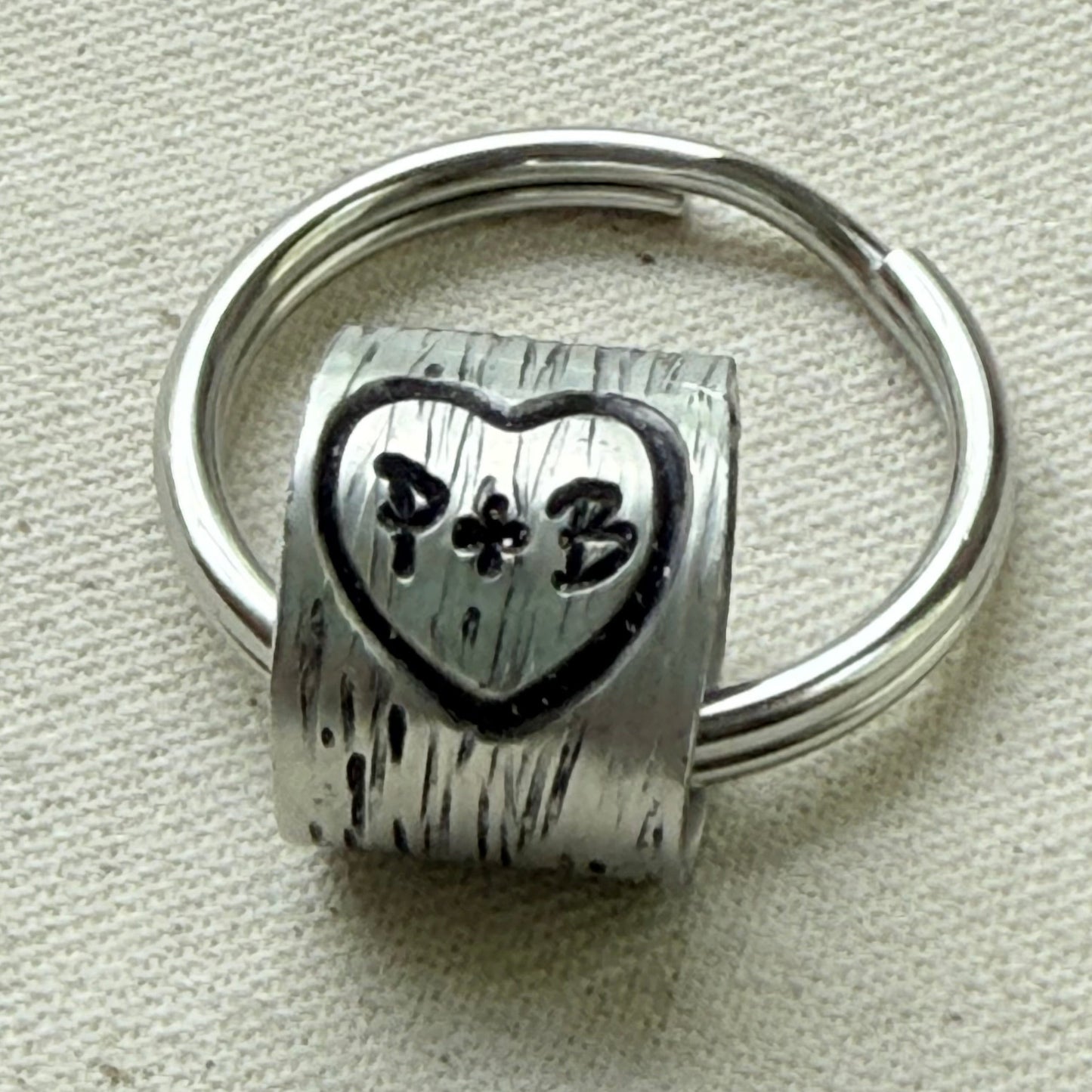 traditional 10th tin anniversary gift -  pewter tin keychain with tree texture and carved heart and initials -tenth anniversary gift for him or her - drake designs jewelry