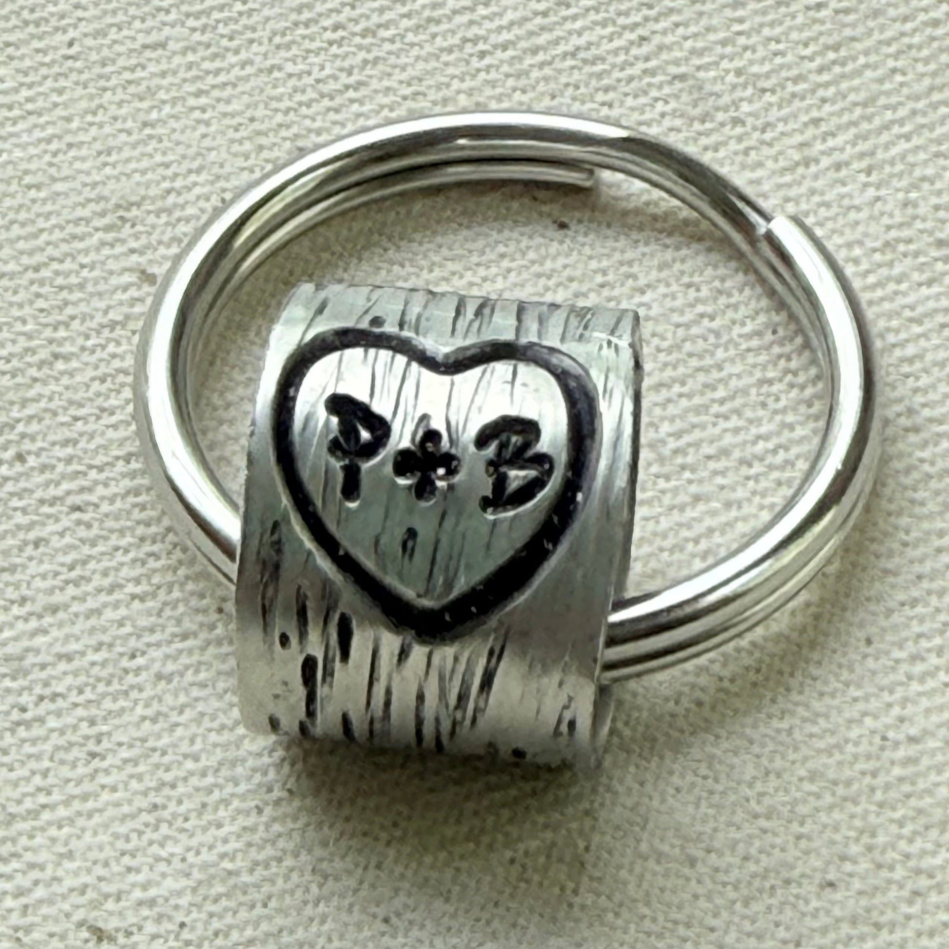 traditional 10th tin anniversary gift -  pewter tin keychain with tree texture and carved heart and initials -tenth anniversary gift for him or her - drake designs jewelry