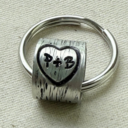 traditional 10th tin anniversary gift -  pewter tin keychain with tree texture and carved heart and initials -tenth anniversary gift for him or her - drake designs jewelry
