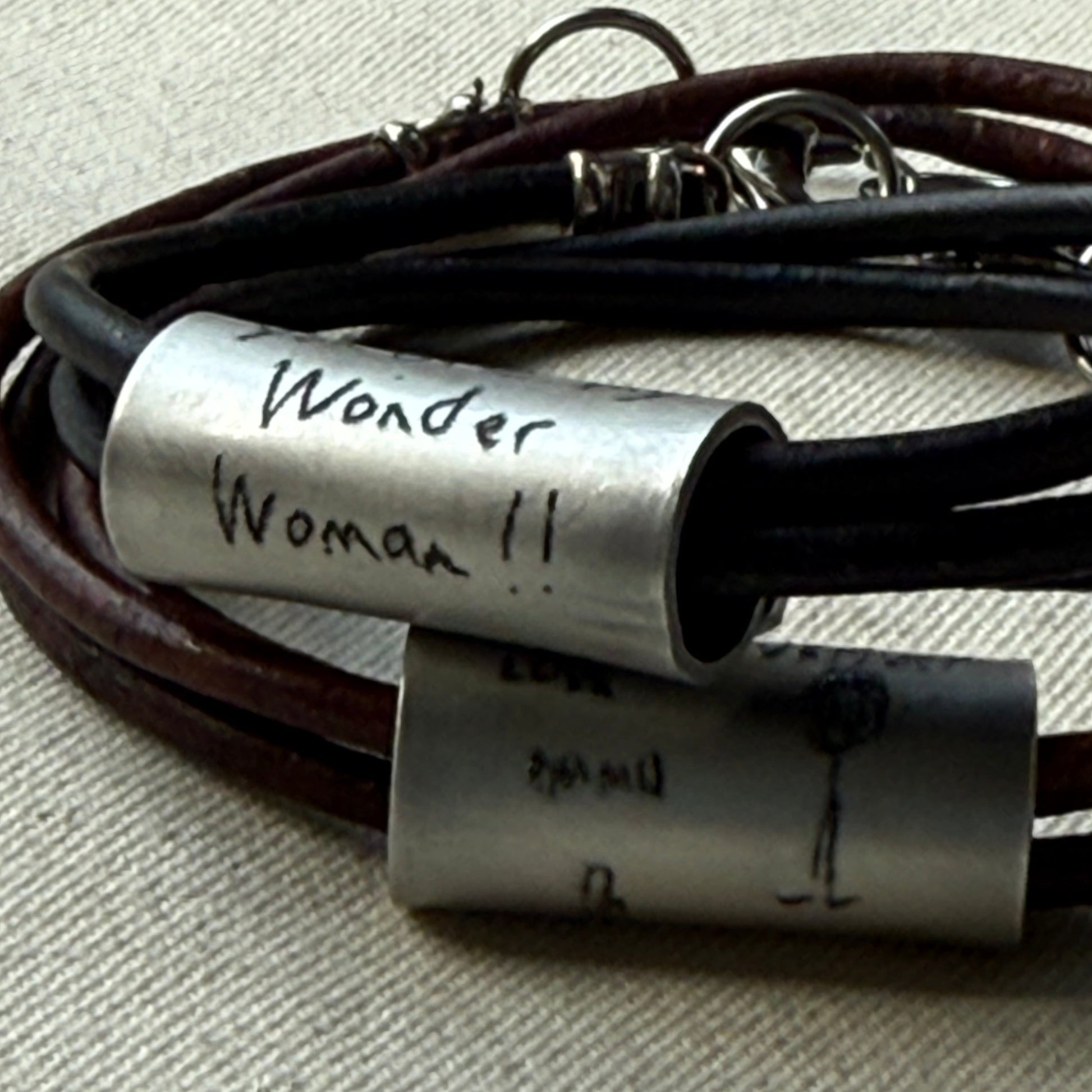 Leather Bracelet with loved ones actual handwriting or childrens artwork engraved - drae designs jewelry