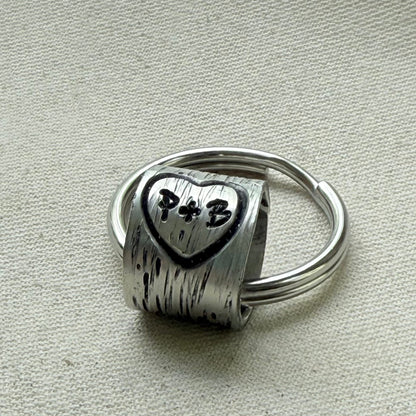 traditional 10th tin anniversary gift - tree textured with heart and initials carved tenth anniversary gift - drake designs jewelry