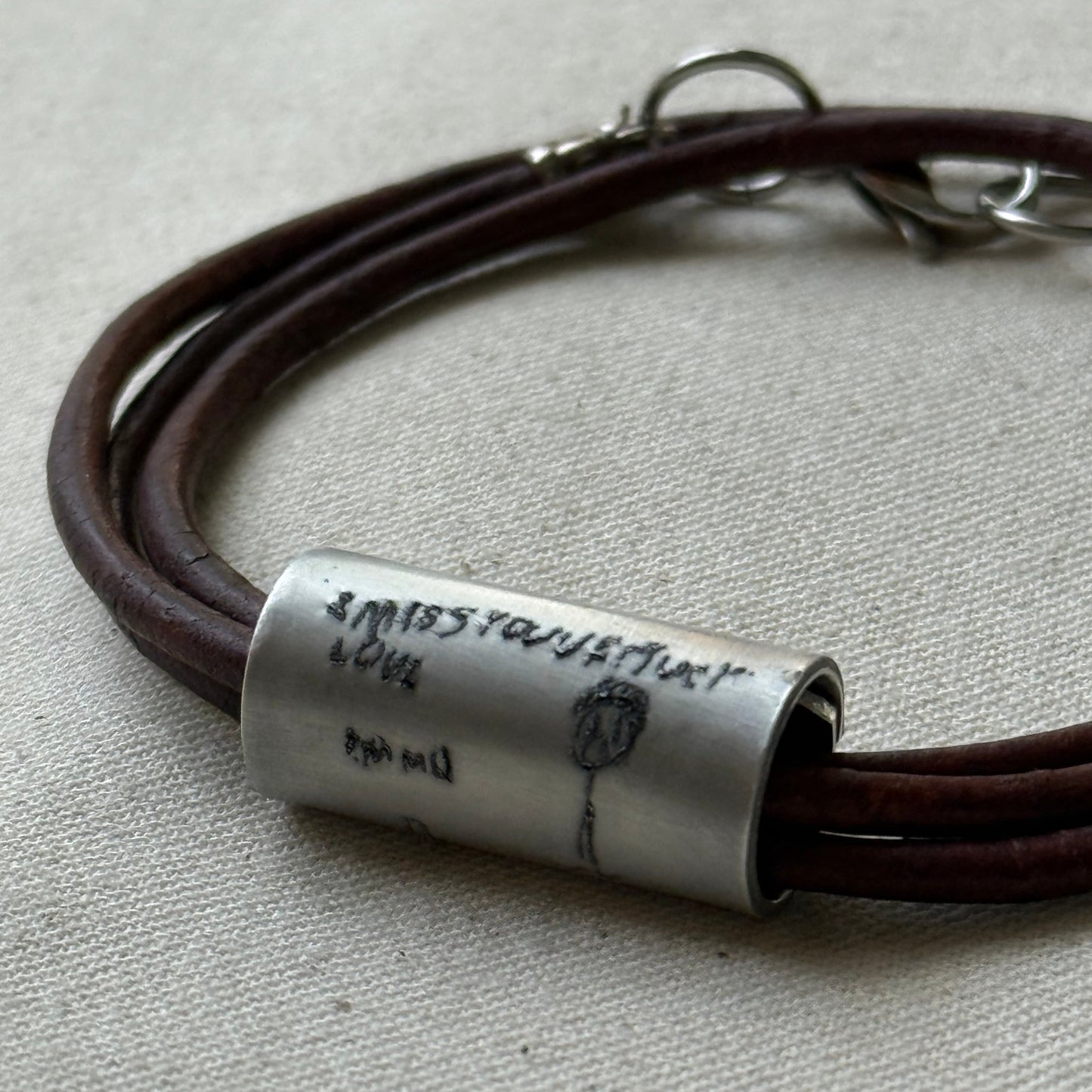 Leather Bracelet with loved ones actual handwriting or childrens artwork engraved - drae designs jewelry