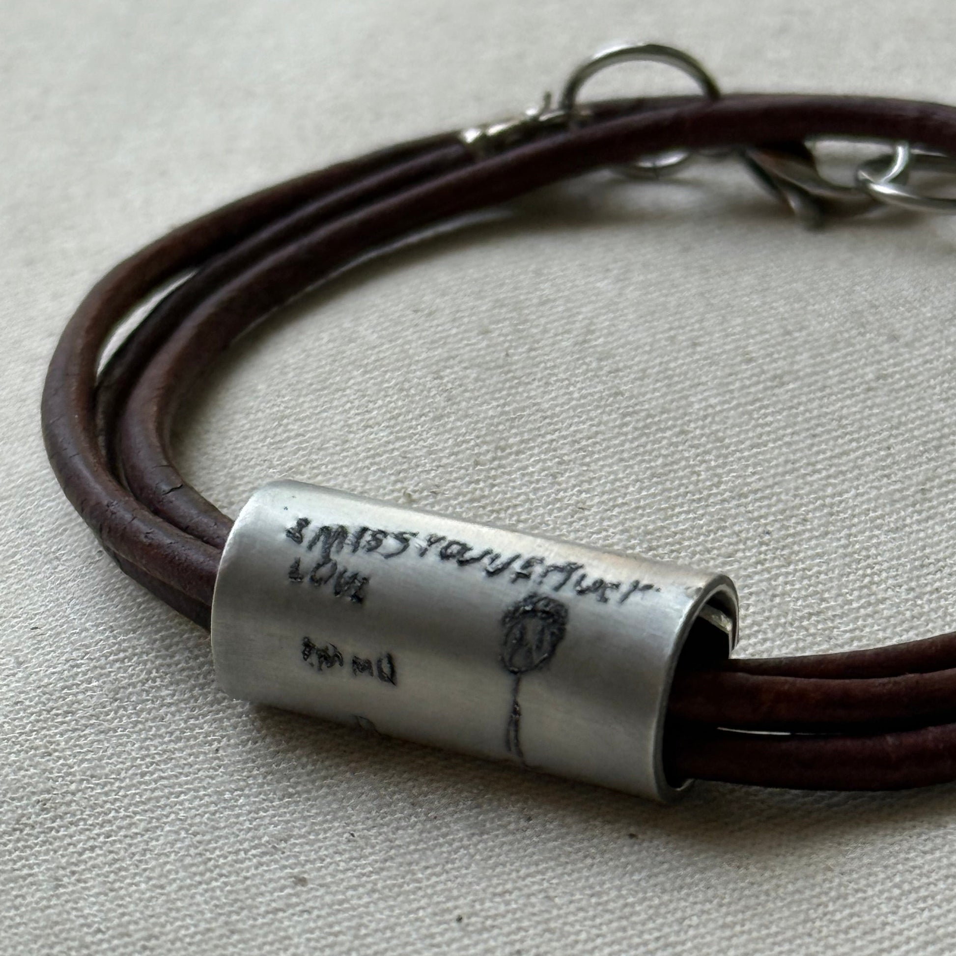 Leather Bracelet with loved ones actual handwriting or childrens artwork engraved - drae designs jewelry