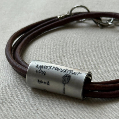 Leather Bracelet with loved ones actual handwriting or childrens artwork engraved - drae designs jewelry