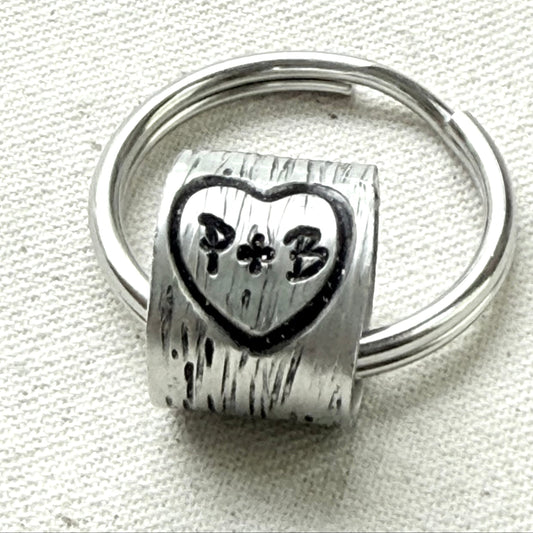 traditional 10th tin anniversary gift - tree textured with heart and initials carved tenth anniversary gift - drake designs jewelry