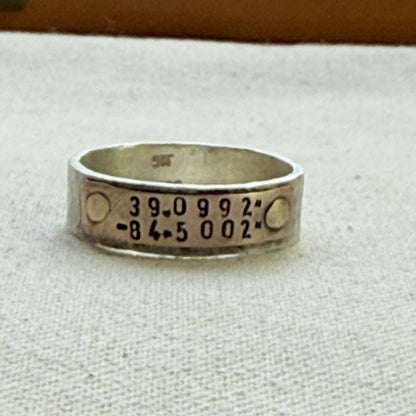 Sterling silver and copper hammered latitude longitude ring for men or women - drake designs jewelry
