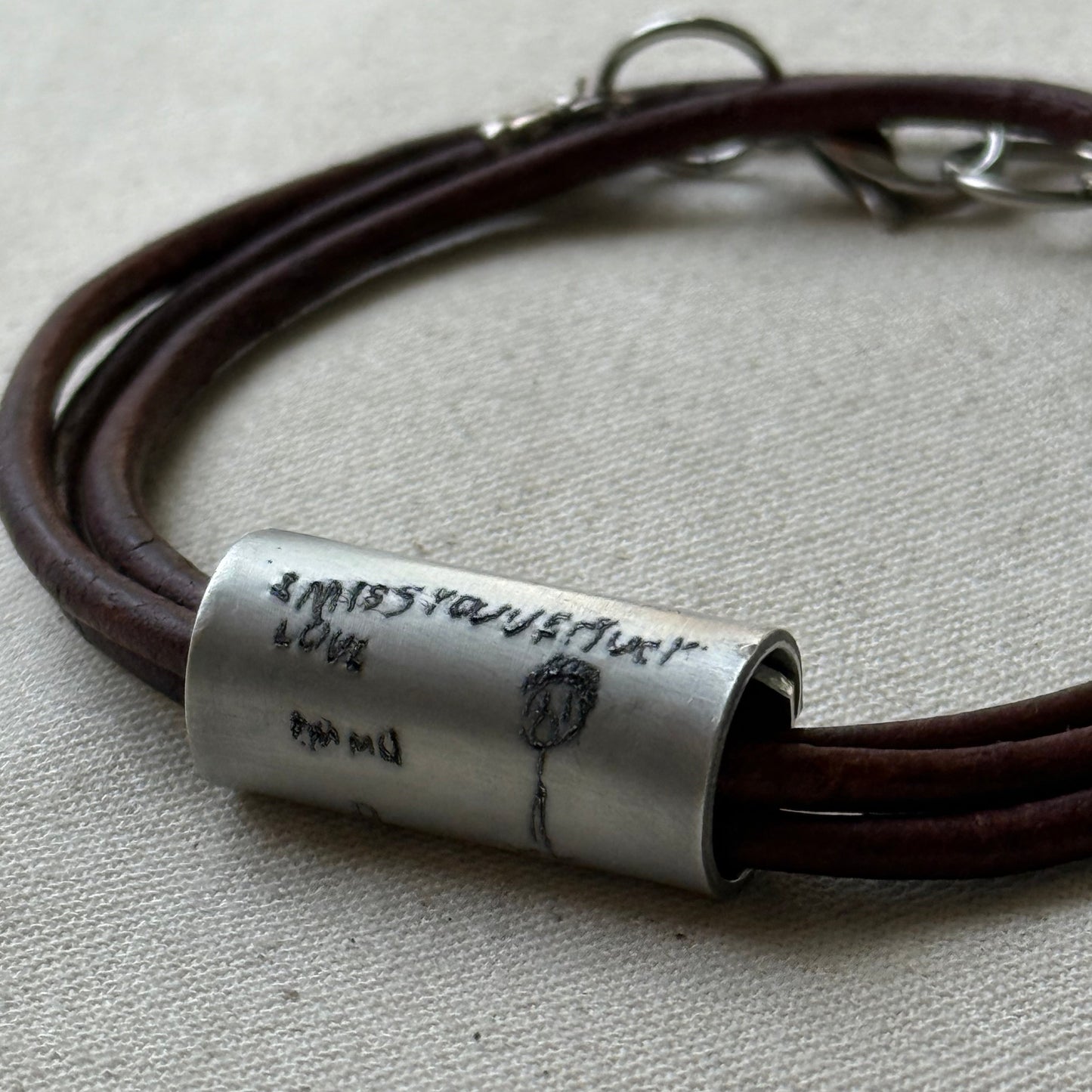 Leather Bracelet with loved ones actual handwriting or childrens artwork engraved - drae designs jewelry