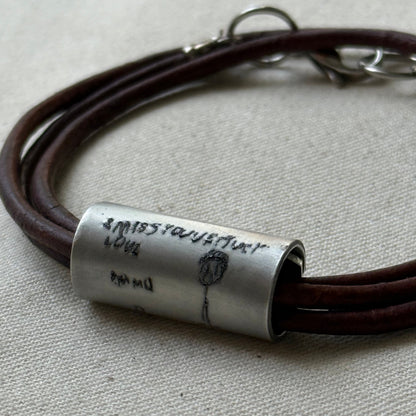 Leather Bracelet with loved ones actual handwriting or childrens artwork engraved - drae designs jewelry