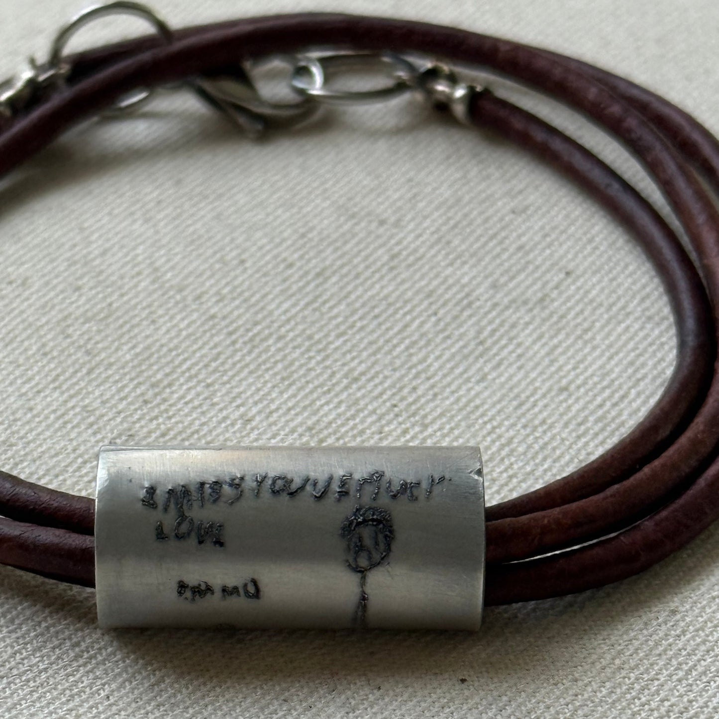 Leather Bracelet with loved ones actual handwriting or childrens artwork engraved - drae designs jewelry