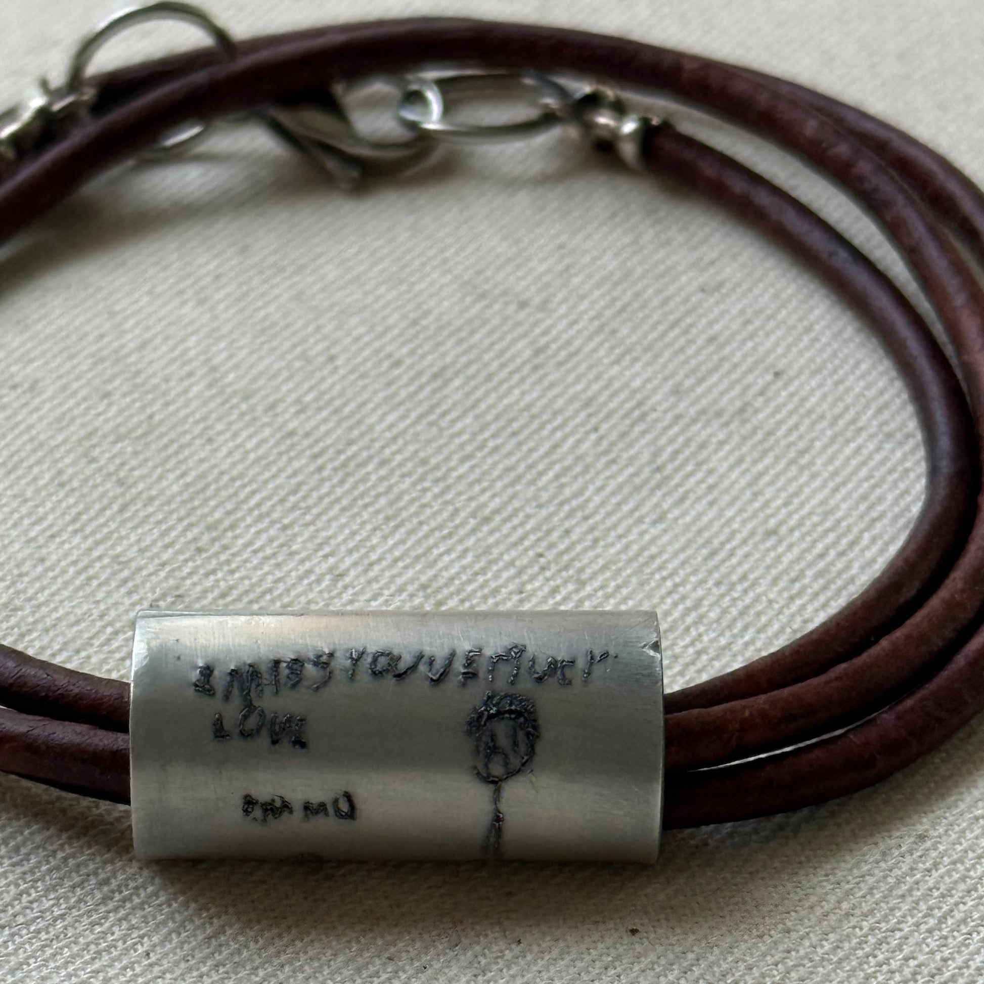 Leather Bracelet with loved ones actual handwriting or childrens artwork engraved - drae designs jewelry